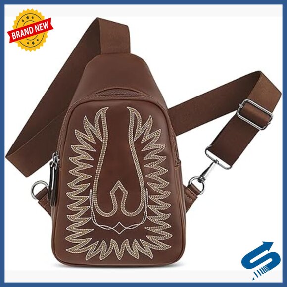 Leather Crossbody Sling Bag with Zippered Pocket Adjustable Strap